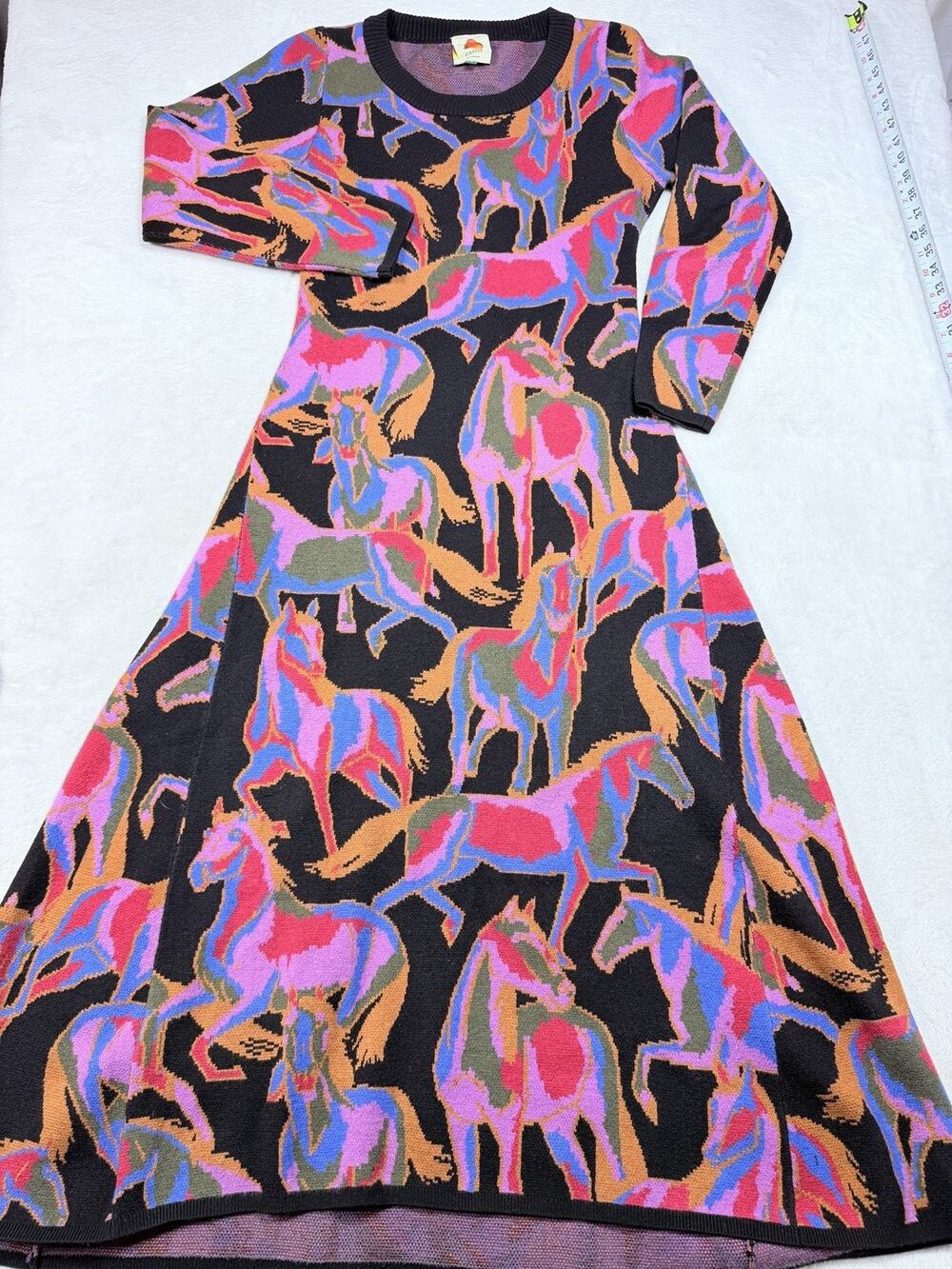Farm Rio Wild Horses Knit Maxi Dress Graphic Equestrian Maximalist Sz Med 312587